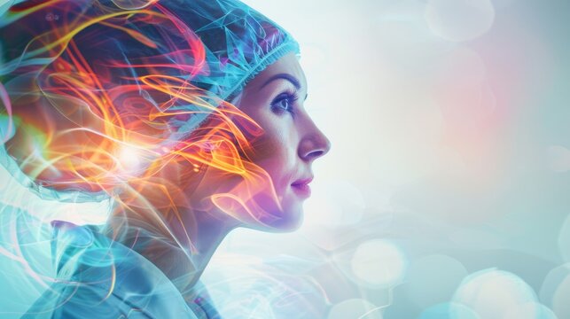 A woman with a white hat and a blue and red face. The woman is surrounded by a colorful smoke