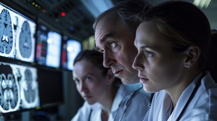 Three people are looking at a computer screen with a brain scan on it. Scene is serious and focused, as the people are likely medical professionals analyzing the scan
