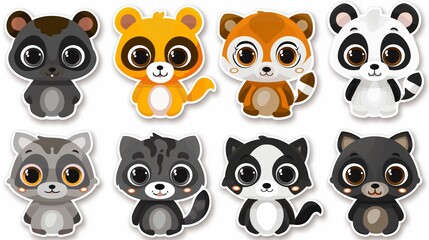 Fototapeta premium Colorful collection of cartoon baby animals on a white background. Cute wildlife theme stickers set.