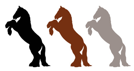 Black, white and brown silhouette of a rearing draft horse. Equine vector drawing.	