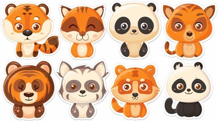 Fototapeta premium Colorful collection of cartoon baby animals on a white background. Cute wildlife theme stickers set.