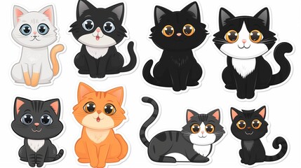 Colorful cartoon cats with expressive eyes on a white background. Cute stickers set collection.