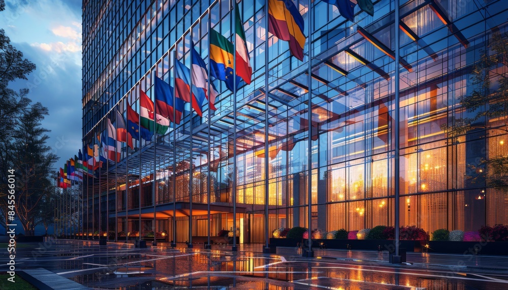 Poster this could involve an image of a modern corporate office building with multiple flags from different