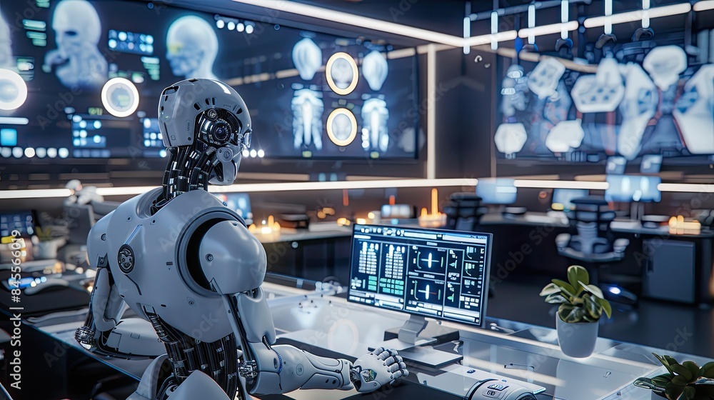 Poster advanced ai conducting virtual simulations on a powerful workstation in a modern lab.