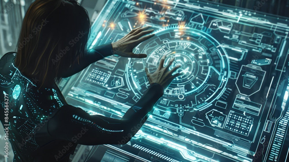 Poster ai interacting with a virtual interface on a large touch screen, managing digital files.