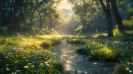 Fototapeta premium A tranquil forest clearing bathed in soft, golden sunlight filtering through the canopy. Wildflowers in full bloom dot the grassy floor, and a crystal-clear stream gently flows through the scene. Bird