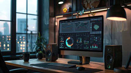 Fototapeta premium monitoring social media analytics on a sleek desktop setup, with real-time data updates.