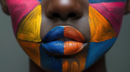 Attractive image of an African American woman with intricate colored geometric patterns on her face