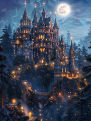 Enchanting Magical Castle Perched Atop a Mystical Hill Under the Glow of a Full Moon