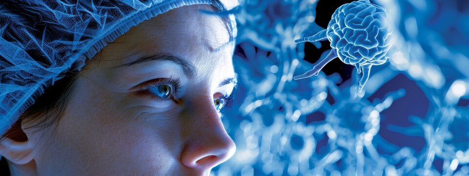 A woman is looking at a blue blob with a brain on it. The woman is wearing a white hat and a blue lab coat