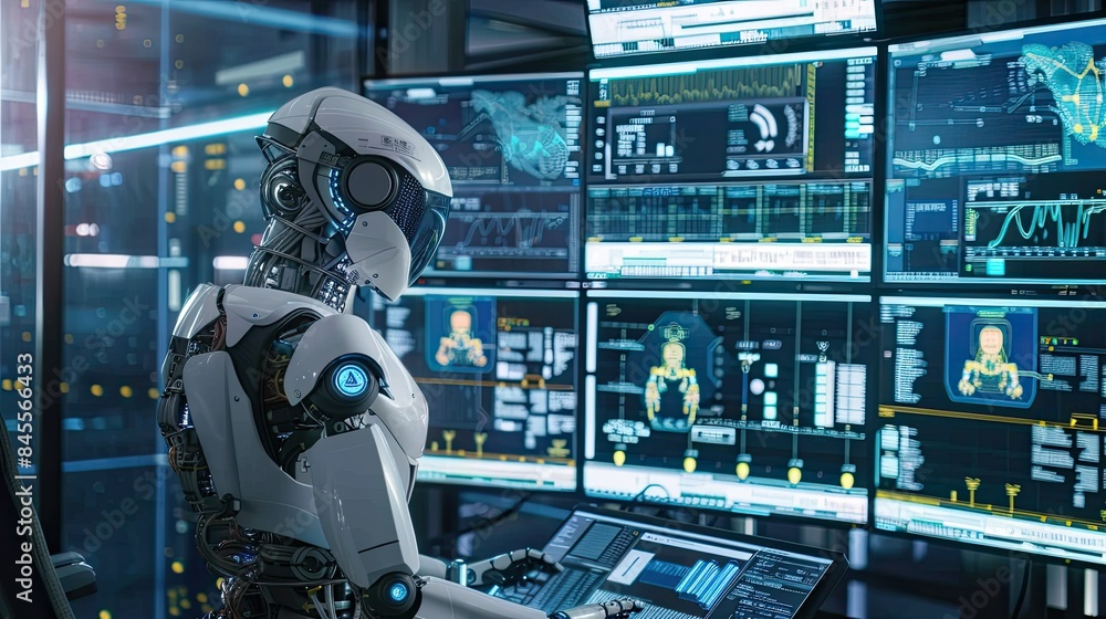 Poster robot processing big data on a multi-screen setup, surrounded by holographic displays.