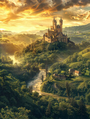 Majestic Castle Perched on Scenic Hillside Landscape with Flowing River and Dense Forests