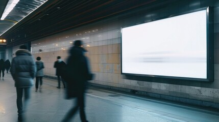 Blank advertising mockup board in subway station for advertising information or media on wall of corridor blur passenger walking.