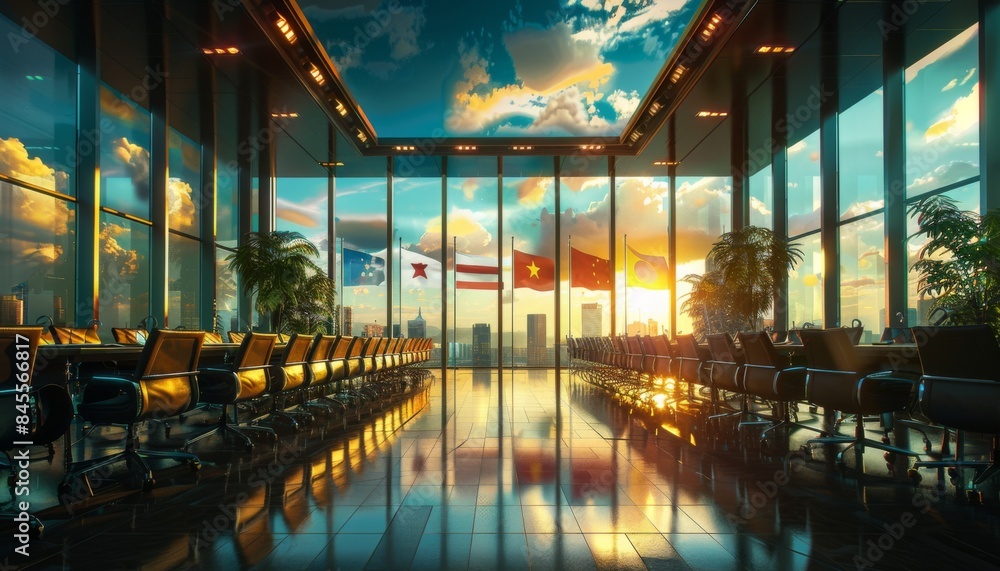 Poster focuses on a corporate setting with diverse team members from various countries collaborating in a m