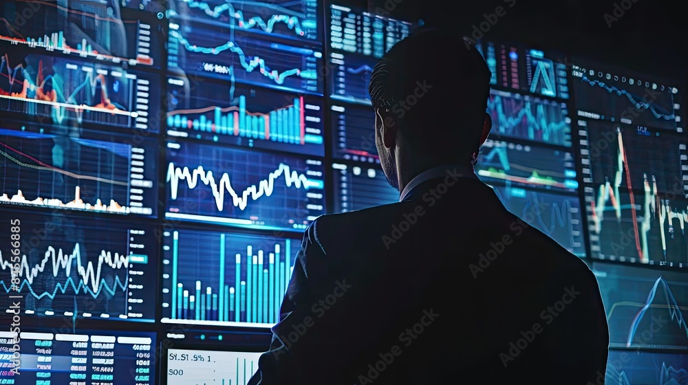 Poster ai technology in finance, with algorithms analyzing stock market trends on a large screen.