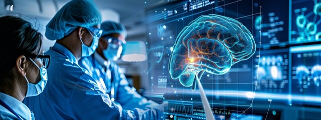 Fototapeta premium A group of doctors are looking at a brain scan on a computer monitor. The image is in blue and green colors and he is a 3D model of the brain. Scene is serious and focused