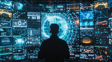 AI working on blockchain technology, with digital ledgers displayed on a multi-screen setup.