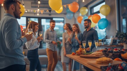 Vibrant office party with diverse employees celebrating together.