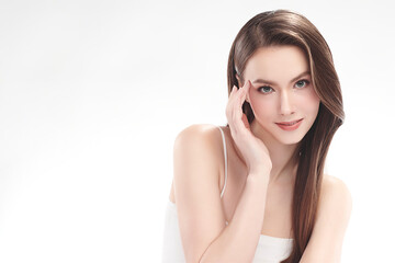 Naklejka premium Beautiful young woman with clean fresh skin on white background, Face care, Facial treatment, Cosmetology, beauty and spa, women portrait.