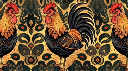 An eye catching seamless pattern featuring a vibrant black rooster