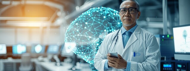 A man in a white lab coat holding a cell phone in front of a computer monitor. Concept of technology and innovation, as the man is likely a scientist or a doctor working in a lab or a hospital