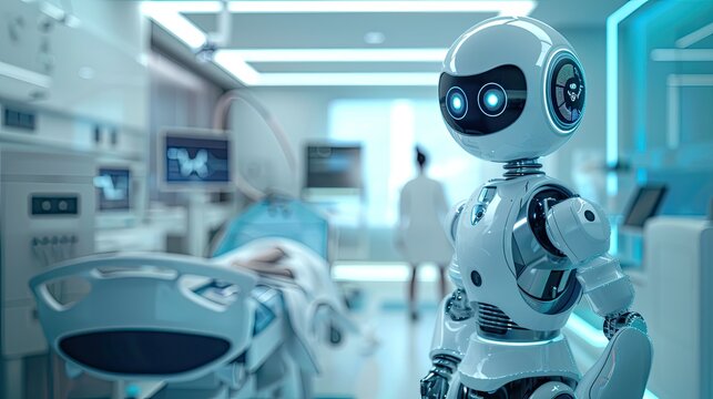 AI-powered healthcare technology, with a robot assisting a doctor in a modern clinic.