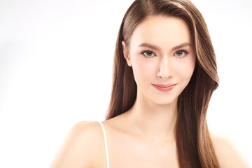 Beautiful young woman with clean fresh skin on white background, Face care, Facial treatment,...