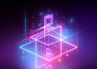 3d render, abstract neon background, geometric structure glowing in ultraviolet light, digital grid in virtual space, cybernetic system, futuristic computing technology