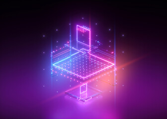 3d render, abstract neon background, geometric structure glowing in ultraviolet light, digital grid in virtual space, cybernetic system, futuristic computing technology
