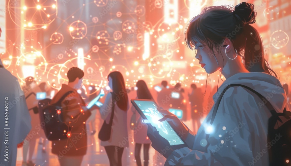 Poster global network, diverse group of people using various digital devices, illustrating the concept of g