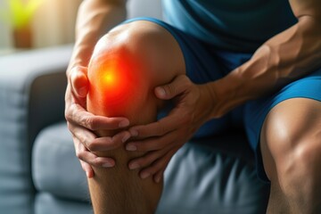 Painful Moment: Man Gripping Knee in Agony on Couch
