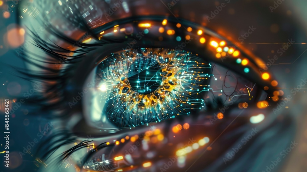 Poster close-up of an ai robot's eye with intricate details and glowing lights, symbolizing advanced techno