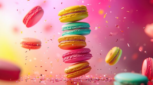 Colorful Confections: Macarons Floating in Air