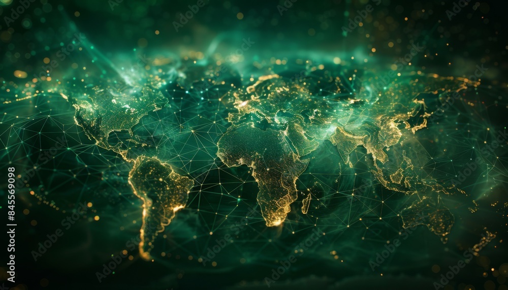 Poster global network, abstract world map with interconnected lines and nodes, representing global trade, t