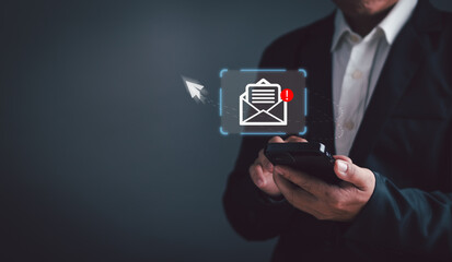 New Email Notification concept, corporate email communication, digital marketing, businessman using...