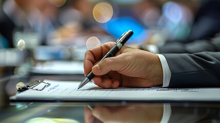 Close-Up Hand Holding Pen Taking Notes on Clipboard in Business Meeting with Blurred Media Equipment, Copy Space Below