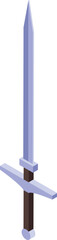 Long medieval knight sword standing on white background isometric view
