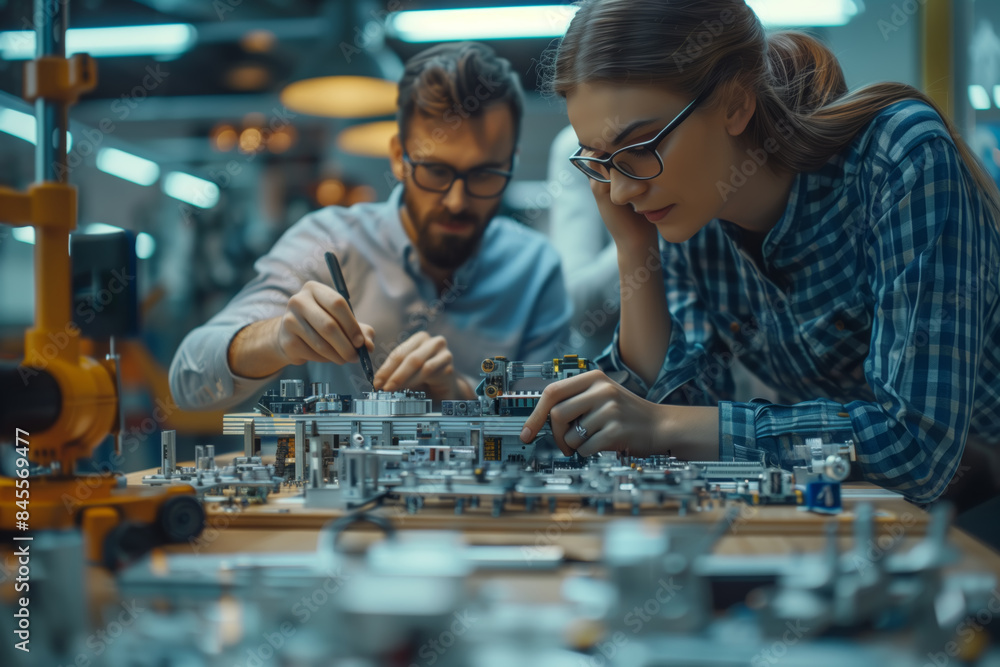 Poster two engineers working on complex electronics project in a modern lab