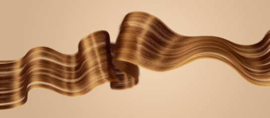 3d render of the lustrous wavy red hair strand. Close-up of rich golden hair wavy ribbon, with smooth texture and vibrant shine. Isolated on beige background
