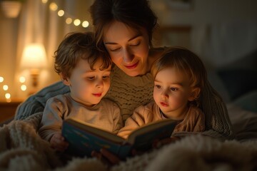 Obraz premium Bedtime Traditions: Mother Reading to Son and Daughter