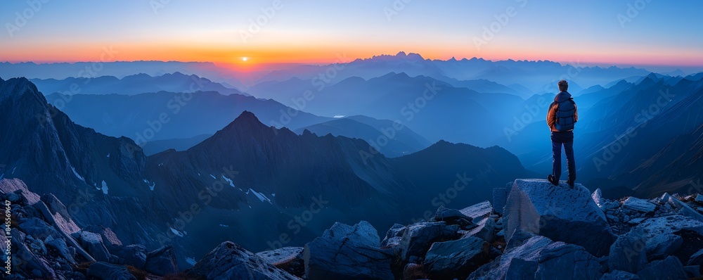 Poster Mountain Trekker s First Light View Witnessing the Dawn Break Over Peaks in Majestic Natural Serenity