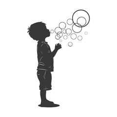 silhouette little boy blow soap bubbles full body black color only