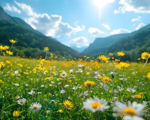 Obraz premium Vibrant Mountain Meadow Filled with Blooming Wildflowers Under the Summer Sun