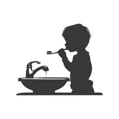 silhouette little boy brushing his teeth black color only