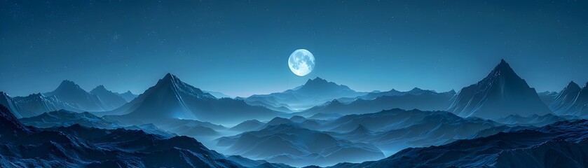 Serene Moonlit Mountain Landscape Under Soft Lunar Glow Surreal Natural Scenery