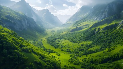 Fototapeta premium Lush Green Mountain Valley A Peaceful Retreat from Urban Rush Serene Natural Landscape Scenery