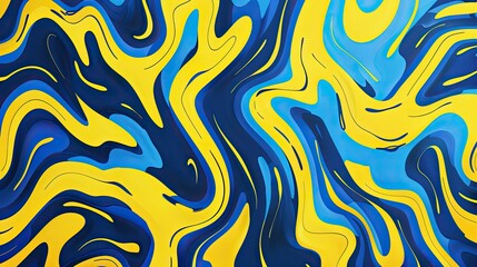 Fototapeta premium Playful neon yellow and blue flowing lines and shapes forming a lively pattern.
