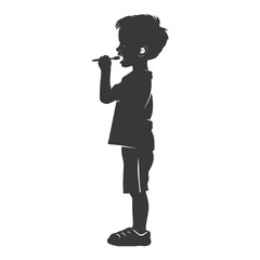 silhouette little boy brushing teeth black color only