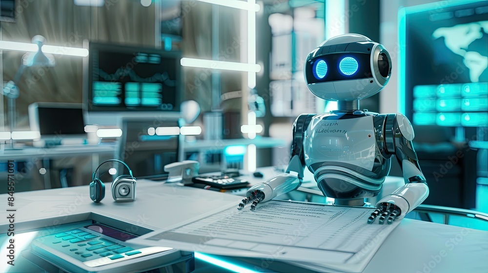 Poster robot assistant creating a spreadsheet, with a futuristic office backdrop and innovative gadgets.
