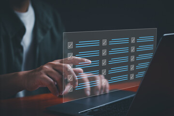 Concept of assessment form, questionnaire and document management system DMS,businessman ticking...